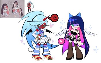 2girls angel angel_wings angry aqua_hair bare_shoulders black_choker black_collar black_dress black_pantyhose black_shoes black_shorts black_tail black_thighhighs black_wings blue_bow blue_choker blue_dress blue_eyes blue_hair blue_leg_warmers blue_sash blue_thighhighs blunt_bangs bow bracelet breasts bridal_gauntlets bright_pupils chibi choker cleavage cleavage_cutout clothing_cutout collar colored_inner_hair colored_skin commentary_request cosplay costume_switch demon demon_girl demon_horns demon_tail demon_wings detached_sleeves dress fang feathered_wings fishnet_top fishnets flipped_bangs frilled_choker frilled_dress frilled_skirt frills full_body glasses gloves gradient_hair green_eyes hair_bow heart heart_ornament high_heels highres horns jewelry kneesocks_(psg) kneesocks_(psg)_(cosplay) layered_dress layered_skirt leg_warmers long_hair looking_at_viewer midriff multicolored_hair multiple_girls nail_polish navel obi one_eye_closed open_mouth panty_&amp;_stocking_with_garterbelt pantyhose pink_hair pink_streaks ponytail purple_hair purple_nails ray5green red_skin reference_inset reference_sheet ribbon ribbon-trimmed_skirt ribbon_trim sash shoes short_shorts shorts sidelocks simple_background single_horn skirt smile sparkle speech_bubble spiked_bracelet spiked_choker spiked_collar spikes standing stocking_(psg) streaked_hair striped_clothes striped_leg_warmers striped_thighhighs swept_bangs tail tentacle_hair thighhighs two-tone_dress two-tone_hair very_long_hair white_background white_bridal_gauntlets white_dress white_gloves white_leg_warmers white_pupils white_shoes white_thighhighs white_wings wings yellow_eyes yellow_shoes