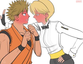 1girl belt blonde_hair blue_eyes bow bowtie breasts formal_clothes geta0201 gloves huge_breasts king_(snk) large_breasts long_sleeves pants ryou_sakazaki ryuuko_no_ken shirt short_hair the_king_of_fighters white_shirt