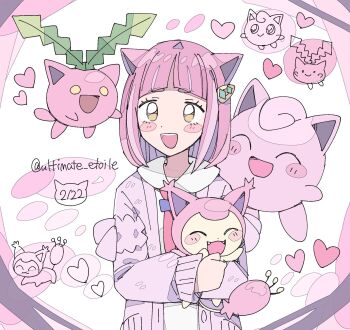 1girl :3 :d animal_ears arched_bangs blush_stickers cardigan cat cat_ears cat_girl chibi chibi_inset closed_eyes dated fangs floating gen_1_pokemon gen_2_pokemon gen_3_pokemon hair_ornament hairclip heart highres holding holding_pokemon hoppip jigglypuff lacey_(pokemon) looking_at_viewer neckerchief nintendo open_cardigan open_clothes open_mouth pink_fur pink_hair pokemon pokemon_(creature) pokemon_sv purple_cardigan red_neckerchief remoooon shirt short_hair simple_background skitty smile upper_body white_background white_shirt yellow_eyes yellow_fur