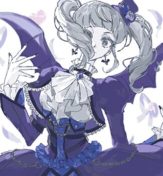 Rule 34 | 1girl, aikatsu!, aikatsu! (series), ascot, bat earrings, bat wings, blunt bangs, commentary request, cropped jacket, drill hair, earrings, feathers, frilled sleeves, frills, gothic lolita, grey eyes, grey hair, hand up, jacket, jewelry, juliet sleeves, lolita fashion, long hair, long sleeves, looking at viewer, nail polish, poteto (mochimochinc), puffy sleeves, purple jacket, purple skirt, skirt, solo, todo yurika, twin drills, twintails, white ascot, white background, wings