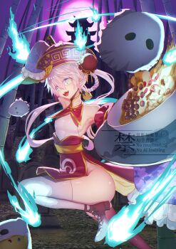 1girl absurdres armpits bamboo bare_shoulders blue_eyes blue_fire braid braided_hair_rings bun_cover chinese_clothes commentary_request cybill_(snack_nili) detached_sleeves fire flat_chest food hair_rings halloween hat highres humimaru_35p jiangshi jiangshi_costume long_hair long_sleeves ofuda open_mouth pink_hair purple_sky qingdai_guanmao red_hat red_sleeves sash sky sleeveless snack_nili solo thighhighs thighs virtual_youtuber white_thighhighs yellow_sash