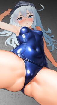 1girl blue_eyes blush breasts cameltoe dorachan_r embarrassed flat_cap grey_hair hair_between_eyes hat hibiki_(kancolle) highres kantai_collection lips long_hair looking_at_viewer lying raised_eyebrows school_swimsuit shiny_swimsuit small_breasts solo spread_legs swimsuit white_hair