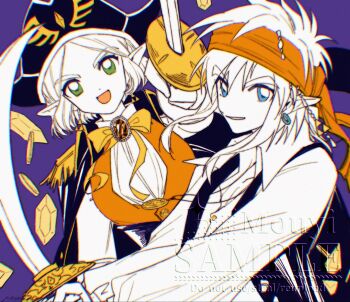 1boy 1girl artist_name beads black_jacket black_vest blue_eyes bow bowtie breasts coin collared_shirt crystal earrings epaulettes gem gold_coin green_eyes hair_beads hair_between_eyes hair_ornament halloween hat headband highres holding holding_sword holding_weapon jacket jacket_on_shoulders jewelry link long_hair medallion medium_breasts mouyi nintendo open_mouth orange_headband orange_vest parted_bangs parted_lips pendant pirate_costume pirate_hat pointy_ears princess_zelda purple_background red_gemstone sample_watermark shirt short_hair sidelocks smile sword the_legend_of_zelda the_legend_of_zelda:_breath_of_the_wild tricorne vest watermark weapon white_shirt yellow_bow yellow_bowtie