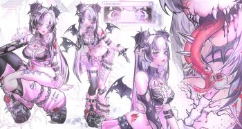 1girl barbed_tongue bat_wings black_blood black_boots black_streaks blood blunt_bangs boots breasts chest_harness closed_mouth commentary crop_top double_bun ear_piercing english_commentary glasgow_smile hair_bun hair_sprinkles harness heart_hair_bun heterochromia highres indie_virtual_youtuber killaira long_hair long_tongue looking_at_viewer medium_breasts miniskirt multicolored_hair multiple_views open_mouth piercing pink_eyes pink_skirt pink_socks pointy_ears purple_eyes purple_hair second-party_source sharp_teeth skirt smile socks spiked_boots spikes sprinkle_hershy sprinkles streaked_hair teeth tongue tongue_out torn_wings virtual_youtuber window_(computing) wings