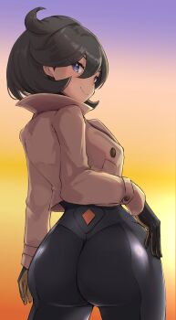 1girl ass black_hair bodysuit breasts dark-skinned_female dark_skin emma_(pokemon) gloves jacket long_sleeves looking_back nintendo pokemon pokemon_legends:_z-a purple_eyes sanmaru96 short_hair smug