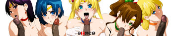 5girls ;o aino_minako bishoujo_senshi_sailor_moon blonde_hair blue_eyes blush bone bones_(katawut_kerdpanya) bow breasts brown_hair censored cheek_bulge choker collarbone earrings fellatio gloves green_eyes hair_bow hair_over_one_eye highres jewelry kino_makoto licking long_hair long_image looking_at_viewer looking_up mizuno_ami multiple_girls one_eye_closed open_mouth oral penis penis_on_face ponytail purple_eyes purple_hair sailor_jupiter sailor_mars sailor_mercury sailor_moon sailor_venus short_hair simple_background tiara tsukino_usagi uncensored white_background wide_image
