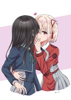 2girls black_hair blonde_hair blue_dress chorisow_(delta_chord) collared_shirt commentary dress hair_ribbon hand_on_another's_waist heart highres inoue_takina kiss long_hair long_sleeves looking_at_viewer lycoris_recoil lycoris_uniform multiple_girls nishikigi_chisato purple_background red_dress red_eyes red_ribbon ribbon shirt straight_hair two-tone_background white_background yuri