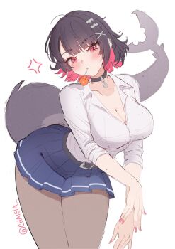1girl anger_vein black_choker black_hair black_pantyhose blue_skirt blush breasts chaisia_art choker cleavage commentary ellen_joe ellen_joe_(on_campus) fins fish_tail highres large_breasts lollipop_in_mouth looking_at_viewer multicolored_hair official_alternate_costume pantyhose pleated_skirt red_eyes red_hair red_nails shark_girl shark_tail shirt short_hair simple_background skirt solo tail twitter_username two-tone_hair white_background white_shirt zenless_zone_zero
