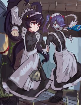 2girls absurdres apron blue_hair blue_skin bottle broom colored_skin dress duster feather_duster filia_(skullgirls) frilled_apron frilled_dress frills full_body grabbing_another&#039;s_hand highres juliet_sleeves leviathan_(skullgirls) long_sleeves maid maid_apron moxydraws multiple_girls open_mouth prehensile_hair puffy_sleeves red_eyes running skullgirls smile spray_bottle squigly_(skullgirls) stitched_mouth stitches zombie