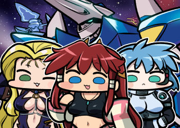 3girls :3 aqua_eyes blonde_hair blue_eyes blue_hair bodysuit breasts center_opening chibi dita_liebely green_eyes impossible_clothes impossible_shirt jazz_jack jewelry jura_basil_elden light_blue_hair lipstick looking_at_viewer makeup mecha meia_gisborn multiple_girls ornament pendant red_hair robot shirt signature spacesuit tank_top vandread vandread_dita