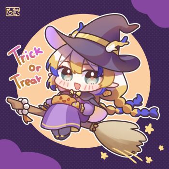 1girl :d antlers arknights black_capelet black_hat black_shoes blonde_hair blue_hair blush_stickers bow braid broom broom_riding capelet chibi commentary_request dress earrings full_body green_eyes grey_pantyhose haaiiro halloween halloween_bucket hat highres horns horns_through_headwear jack-o&#039;-lantern jack-o&#039;-lantern_earrings jewelry long_hair looking_at_viewer low_twintails multicolored_hair open_mouth pantyhose pointy_ears purple_dress shoes shu_(arknights) smile solo star_(symbol) trick_or_treat twin_braids twintails two-tone_hair very_long_hair white_hair witch_hat yellow_bow