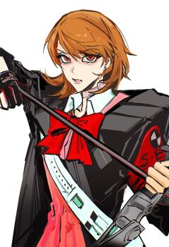 1girl archery archery_shooting_glove armband arrow_(projectile) black_gloves black_jacket bow bow_(weapon) bowtie brown_eyes brown_hair cardigan choker collarbone commentary earrings eyelashes fighting_stance fireworkte flipped_hair gloves heart heart_choker highres holding holding_arrow holding_bow_(weapon) holding_weapon jacket jewelry looking_at_viewer open_clothes open_jacket parted_lips partially_fingerless_gloves persona persona_3 persona_3_reload pink_cardigan red_armband red_bow red_bowtie s.e.e.s serious shirt short_hair single_glove solo stud_earrings takeba_yukari untranslatable_commentary upper_body weapon white_background white_choker white_shirt wing_collar