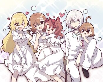 1boy 4girls ;d accelerator_(toaru_majutsu_no_index) age_difference ahoge albino asymmetrical_bangs black_choker blonde_hair blowing_bubbles bow breasts bright_pupils brown_eyes brown_hair bubble_pipe child choker commentary crutch dress elbow_gloves electrodes gloves hair_bow hatopo528 heart height_difference highres last_order_(toaru_majutsu_no_index) long_hair looking_at_viewer medium_hair misaka_mikoto multiple_girls one_eye_closed open_mouth pants red_bow red_eyes shirai_kuroko shirt shokuhou_misaki short_hair siblings sisters smile star-shaped_pupils star_(symbol) symbol-only_commentary symbol-shaped_pupils toaru_kagaku_no_railgun toaru_majutsu_no_index twintails white_dress white_gloves white_hair white_pants white_pupils white_shirt yellow_eyes