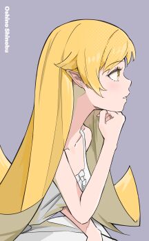 1girl absurdres blonde_hair collarbone commentary_request dress from_side hand_on_own_chin hand_on_own_face head_rest highres kinrucy kiss-shot_acerola-orion_heart-under-blade kiss-shot_acerola-orion_heart-under-blade_(young) kizumonogatari korean_commentary long_hair monogatari_(series) open_mouth oshino_shinobu pointy_ears simple_background very_long_hair white_dress yellow_eyes