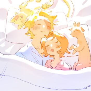 Rule 34 | 1boy, 1girl, animal, bed sheet, blonde hair, blush, cat, closed eyes, commentary, koala (one piece), lowres, lying, on back, one piece, open mouth, orange hair, pajamas, pillow, pink shirt, raine (acke2445), sabo (one piece), scar, scar across eye, scar on face, shirt, short hair, sleeping, under covers, untranslatable commentary, upper body, white shirt