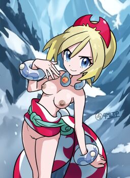 1girl 4mltp blonde_hair blue_eyes bracelet breasts closed_mouth collarbone dark_nipples day derivative_work eyelashes green_bag hair_between_eyes hairband hand_up highres irida_(pokemon) jewelry medium_hair neck_ring nintendo nipples outdoors pokemon pokemon_legends:_arceus pokemon_tcg pussy sash signature smile snow solo uncensored waist_cape winter