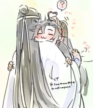 2boys :3 ? ahoge black_hair black_hanfu blush carrying carrying_person chibi chinese_clothes closed_eyes couple dated hair_ribbon hand_on_another's_head hanfu headband heart heart_ahoge hug lan_wangji long_hair male_focus modao_zushi multiple_boys ponytail red_ribbon ribbon robe spoken_question_mark sunmoon9994 topknot twitter_username very_long_hair wei_wuxian white_hanfu white_headband white_ribbon yaoi
