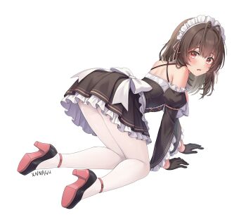 1girl all_fours antenna_hair artist_name back_bow black_dress black_gloves black_shoes black_sleeves blush bow breasts brown_eyes brown_hair chinese_commentary colored_shoe_soles commentary_request detached_sleeves dress frilled_dress frilled_sleeves frills from_side gloves high_heels highres large_breasts long_hair looking_at_viewer maid maid_headdress open_mouth original pantyhose shoes simple_background solo strappy_heels turning_head white_background white_bow white_pantyhose xnnagu