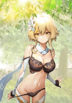 1girl absurdres bare_shoulders beida53878791 black_bra black_panties blonde_hair bra breasts cleavage cowboy_shot detached_collar detached_sleeves flower genshin_impact hair_flower hair_ornament highres honeycomb_(pattern) lingerie long_sleeves looking_at_viewer lumine_(genshin_impact) medium_breasts navel panties panty_pull parted_lips pulling_own_clothes short_hair_with_long_locks solo spaghetti_strap standing stomach string_bra string_panties thighhighs underwear white_thighhighs yellow_eyes
