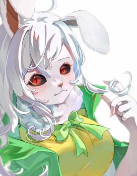 1girl :3 animal_ears bow bowtie carrot_(one_piece) commentary furry furry_female green_bow green_bowtie hair_between_eyes highres long_hair looking_at_viewer one_piece rabbit_ears red_eyes sidelocks simple_background solo sulong_form u_mi031 white_background white_hair