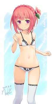 1girl aikawa_aika alice_gear_aegis bikini blush bob_cut braid breasts closed_mouth dated errant female_focus flower hair_flower hair_ornament happy_birthday highres leaf leaf_on_head navel pink_hair purple_eyes ribbon signature small_breasts solo swimsuit thighhighs wavy_mouth white_bikini white_thighhighs