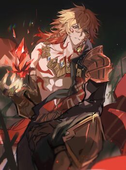 Rule 34 | 1boy, abs, absurdres, arm tattoo, armlet, black coat, black pants, blonde hair, braid, chest tattoo, chinese commentary, clawed gauntlets, coat, commentary request, crystal, dongfangyuechu701, earrings, facial tattoo, gold earrings, gold necklace, gradient hair, highres, honkai: star rail, honkai (series), jewelry, leg armor, male focus, medium hair, multicolored hair, mydei (honkai: star rail), necklace, open clothes, open coat, pants, red hair, red tattoo, side braid, solo, tattoo, toned, toned male, yellow eyes