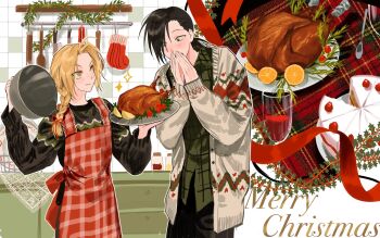 2boys ahoge apron black_hair black_sweater blonde_hair blush braid cake cardigan christmas christmas_cake christmas_stocking christmas_sweater collared_shirt commentary_request covering_own_mouth cowboy_shot cup drinking_glass ebina_(hfn29852262) edward_elric food fruit fullmetal_alchemist green_shirt hair_over_one_eye hair_over_shoulder highres kitchen ling_yao long_hair low_ponytail male_focus merry_christmas multiple_boys orange_(fruit) orange_slice own_hands_together parted_bangs plaid_apron plaid_clothes ponytail red_apron roast_chicken shirt single_braid sweater wine_glass yellow_eyes