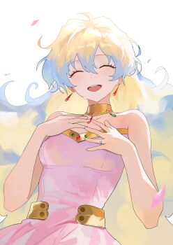 1girl absurdres bare_arms bare_shoulders blonde_hair blue_hair breasts closed_eyes crying dress earrings falling_petals gold_choker gold_trim hair_between_eyes hands_on_own_chest happy_tears highres jewelry light_blush long_hair medium_breasts multicolored_hair nbee_ya nia_teppelin open_mouth petals pink_dress pink_petals ring simple_background smile solo sparkle strapless strapless_dress tears teeth tengen_toppa_gurren_lagann two-tone_hair upper_body upper_teeth_only white_background