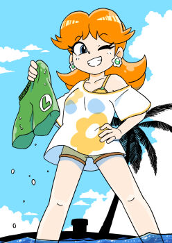 1girl blue_eyes blue_sky brown_hair cloud earrings floral_print flower_earrings hand_on_own_hip jewelry junnosu long_hair male_swimwear mario_(series) nintendo one_eye_closed palm_tree princess_daisy shirt sky smile swim_trunks tree water