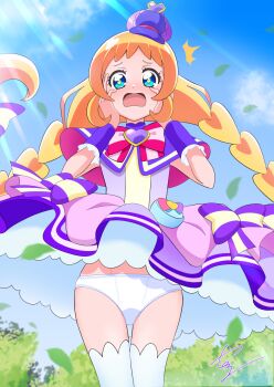 1girl ^^^ blonde_hair blue_eyes blue_sky blush bow braid bright_pupils brooch capelet chest_bow clothes_lift cloud cloudy_sky commentary commission cowboy_shot cure_friendy d: dappled_sunlight day deerstalker dress dress_bow dress_lift frilled_wrist_cuffs frills frown furrowed_brow hair_bow hairband hands_on_own_face hat hat_ornament heart heart_brooch heart_hat_ornament highres inukai_iroha jewelry leaf long_hair looking_at_viewer low-tied_long_hair low_twin_braids magical_girl multicolored_bow open_mouth outdoors pact_holder panties pantyshot petticoat pouch precure purple_bow purple_dress purple_hairband purple_hat purple_wrist_cuffs signature skeb_commission sky sleeveless sleeveless_dress solo standing striped_bow sunlight thighhighs tilted_headwear tirofinire twin_braids underwear very_long_hair white_panties white_thighhighs wind wind_lift wonderful_pact wonderful_precure! wrist_cuffs yellow_pupils