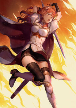 1girl armor black_skirt black_thighhighs breastplate cape celica_(fire_emblem) fire_emblem fire_emblem_echoes:_shadows_of_valentia fujikawa_akira headband highres holding holding_sword holding_weapon nintendo orange_eyes orange_hair red_eyes red_hair skirt solo sword thighhighs thighs tiara weapon white_armor white_cape