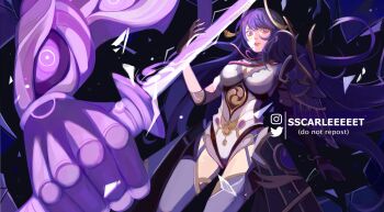 Rule 34 | 1girl, armor, artist name, blunt bangs, breasts, cleavage, commentary, english commentary, fake horns, floating, floating hair, genshin impact, glowing, glowing sword, glowing weapon, hair down, hair floating upwards, head tilt, headpiece, highres, holding, holding sword, holding weapon, horns, humanoid robot, japanese armor, katana, large breasts, long hair, mechanical arms, mitsudomoe (shape), neck ribbon, parted lips, pink lips, purple eyes, purple hair, raiden shogun, raiden shogun (magatsu mitake narukami no mikoto), red ribbon, ribbon, robot, rreverieeer, single mechanical arm, space, sword, thick lips, thighs, tomoe (symbol), upper body, weapon