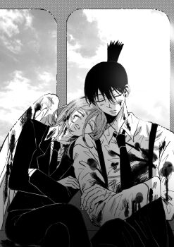 2boys angel angel_devil_(chainsaw_man) angel_wings blood blood_on_clothes busuttt chainsaw_man closed_eyes closed_mouth collared_shirt commentary_request couple crossed_arms formal_clothes greyscale halo hayakawa_aki head_on_another&#039;s_shoulder highres korean_commentary male_focus monochrome multiple_boys necktie shirt short_hair sitting suit topknot traditional_halo wings yaoi