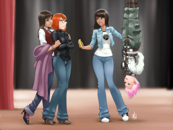 4girls :d arms_across_body arms_behind_back arms_under_breasts bdsm_symbol blue_pants blurry blurry_background bound bound_arms bracelet breasts brown_eyes brown_hair collarbone commission controller curtains dark-skinned_female dark_skin denim denim_jacket full_body glasses green_eyes green_pants high_heels jacket jeans jewelry leather leather_jacket lock looking_at_another medium_breasts medium_hair multiple_girls necktie open_mouth orange_hair original padlock pants pink_hair polarityplus red_sweater_vest remote_control shirt shoes short_hair signature smile sneakers stage stage_curtains standing straitjacket suspension sweater_vest very_short_hair walking white_shirt