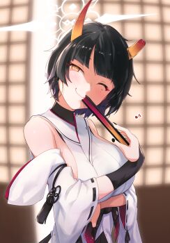 1girl absurdres black_bridal_gauntlets black_hair blue_archive blurry blurry_background blush breasts bridal_gauntlets broken_horn closed_mouth commentary_request detached_sleeves eighth_note halo hand_fan highres holding holding_fan horns japanese_clothes kame-san_(kmowak) kimono large_breasts long_sleeves mole mole_under_eye musical_note niya_(blue_archive) one_eye_closed orange_eyes short_hair sideboob sideless_kimono single_bridal_gauntlet smile solo upper_body white_halo white_kimono wide_sleeves