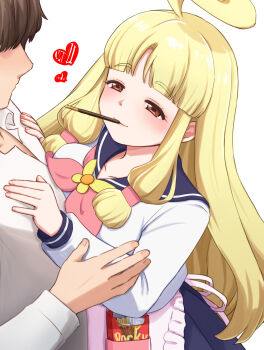 1boy 1girl ahoge apron blonde_hair blue_skirt breast_press breasts brown_eyes brown_hair food food_in_mouth hahajima_fuwari_(shadowverse_flame) hair_over_eyes heart highres long_hair mrsksmy neckerchief pink_neckerchief pocky pocky_in_mouth sailor_collar shadowverse shadowverse_(animated_series) shadowverse_flame shirt sidelocks skirt waist_apron white_background white_shirt