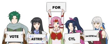 1boy 4girls :d ;d absurdres arms_up astrid_(fire_emblem) black_hair commission commissioner_upload estelle_(loneshadowstar) fingerless_gloves fire_emblem fire_emblem:_radiant_dawn fire_emblem_heroes gloves grin highres holding holding_sign maji_(majibomber) marcia_(fire_emblem) micaiah_(fire_emblem) multiple_girls nintendo non-web_source one_eye_closed open_mouth original pink_hair ponytail short_hair sign smile sothe_(fire_emblem) v white_hair yune_(fire_emblem)
