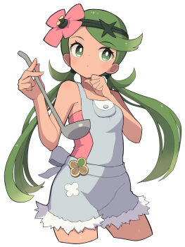 1girl bare_shoulders breasts dark-skinned_female dark_skin flower green_eyes green_hair green_headband grey_overalls hair_flower hair_ornament headband hiyoshipow holding holding_ladle ladle long_hair mallow_(pokemon) nintendo overall_shorts overalls pink_flower pokemon pokemon_sm simple_background small_breasts solo swept_bangs twintails white_background