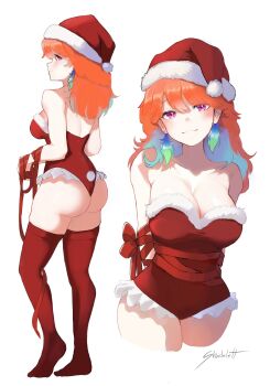 :d ass bare_shoulders blue_hair blush breasts cleavage collarbone commentary english_commentary gradient_hair green_hair hat highres hololive hololive_english large_breasts leotard long_hair looking_at_viewer multicolored_hair multiple_views open_mouth orange_hair purple_eyes red_hat red_leotard red_ribbon red_thighhighs ribbon santa_costume santa_hat shadelett signature simple_background smile strapless strapless_leotard takanashi_kiara thighhighs virtual_youtuber white_background
