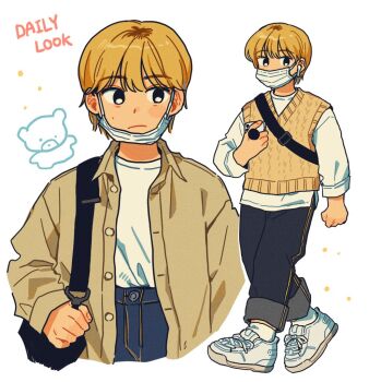 Rule 34 | 1boy, airpods, black bag, blonde hair, blue pants, brown coat, cellphone, closed mouth, coat, commentary request, denim, jeans, korean commentary, looking at viewer, mask, mole, mole under eye, mouth mask, open clothes, open coat, original, pants, phone, pop socket, shirt, shoes, short hair, sihyun25, simple background, smartphone, sneakers, socks, solo, unbuttoned, white background, white mask, white shirt, white shoes, white socks, wireless earphones