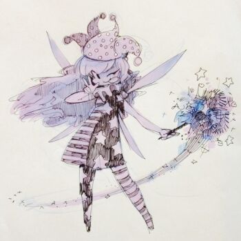 Rule 34 | asymmetrical legwear, clownpiece, commentary, dress, english commentary, fairy, fairy wings, full body, hat, holding, jester cap, long hair, looking at viewer, monochrome, panties, print dress, star (symbol), star print, striped clothes, striped dress, striped panties, temmie chang, tongue, tongue out, touhou, underwear, v, wings