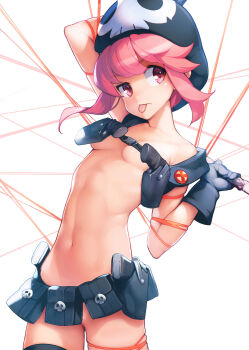 1girl ataruman belt blush breasts collarbone commentary female_focus gloves gun hat head_tilt highres jakuzure_nonon kill_la_kill knife life_fiber looking_at_viewer midriff naked_belt navel nudist_beach_uniform pink_eyes pink_hair simple_background skull_print small_breasts solo standing string tongue tongue_out weapon white_background