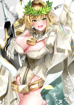 1girl absurdres aestus_estus bare_shoulders belt blonde_hair blush breasts bridal_veil chain cleavage commentary_request fate/grand_order fate_(series) gloves green_eyes hair_intakes head_wreath highres jhmv3547 large_breasts leotard lock looking_at_viewer medium_hair nero_claudius_(bride)_(fate) nero_claudius_(bride)_(third_ascension)_(fate) nero_claudius_(fate) open_mouth outstretched_arm padlock smile solo sword thighhighs veil weapon white_leotard zipper
