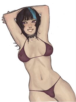 Rule 34 | 1futa, aqua hair, arms behind head, arms up, bikini, black collar, black hair, breasts, bulge, chin piercing, collar, colored bangs, covered erect nipples, cowboy shot, dyed hair, erection, erection under clothes, eyelashes, face piercing, futanari, genderswap, genderswap (mtf), hoshi kirara, jujutsu kaisen, large breasts, lip piercing, long hair, looking afar, looking to the side, lulalunee, multicolored hair, navel, navel piercing, nipple piercing, nipples, nose, piercing, purple bikini, purple eyes, sideways glance, simple background, smile, solo, spiked collar, spikes, standing, star-shaped pupils, star (symbol), streaked hair, swimsuit, symbol-shaped pupils, two-tone hair, white background