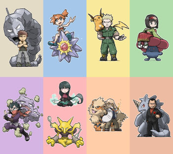 3girls 5boys :3 absurdres alakazam arcanine arm_behind_back bald belt black_belt black_boots black_gloves black_hair black_jacket black_pants black_shoes blacknirrow blaine_(pokemon) blonde_hair blue_eyes boots brock_(pokemon) brown_hair brown_pants closed_eyes closed_mouth coat collared_shirt commentary crossed_arms crossed_legs dark-skinned_male dark_skin english_commentary erika_(pokemon) eyelashes facial_hair fangs fingerless_gloves fire floating gem gen_1_pokemon giovanni_(pokemon) gloves glowing_hands green_pants green_shirt green_shoes grey_eyes grey_pants hairband highres jacket japanese_clothes kimono koga_(pokemon) lab_coat long_hair misty_(pokemon) multiple_boys multiple_girls mustache necktie ninja nintendo on_shoulder onix open_clothes open_coat orange_hair orange_necktie outline pants poke_ball poke_ball_(basic) pokemon pokemon_(creature) pokemon_lgpe pokemon_on_shoulder raichu red_eyes red_gemstone red_hairband red_scarf red_shirt rhydon riding riding_pokemon sabrina_(pokemon) sandals scarf shirt shoes short_sleeves side_ponytail socks spoon standing starme surge_(pokemon) team_rocket telekinesis v-shaped_eyebrows v-shaped_eyes very_long_hair vileplume weezing white_coat white_hair white_outline white_socks