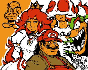 2025 alternate_color angry arm_behind_back arms_at_sides bare_shoulders black_overalls bowser brooch brown_shirt buttons chibi chibi_inset closed_mouth colored_skin commentary constricted_pupils crown curly_hair dress earrings elbow_gloves english_commentary english_text fat fat_man gloves goomba green_hat green_shirt half-closed_eyes hands_in_pockets hat height_difference horns jewelry juliet_sleeves logo long_hair long_sleeves looking_at_another luigi mario mario_(series) mullet mushroom_hat navel newsboy_cap nintendo open_mouth orange_skin overalls pants princess_peach puffy_sleeves red_hair red_hat red_overalls serious sharp_teeth shell shirt shoes sidelocks smile speech_bubble standing super_mario_bros._1 taller_female teeth toad_(mario) turtle very_long_hair vest white_dress white_gloves white_pants white_skin wubbwarg