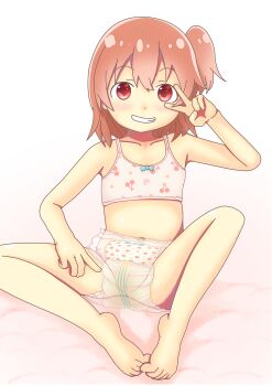 1girl absurdres artist_request barefoot blush cherry_bra cherry_print cleft_of_venus diaper feet female_focus food_print fruit_print grin highres loli looking_at_viewer panties peeing peeing_diaper peeing_self print_diaper print_panties pull-up_diaper red_hair see-through_clothes smile solo spread_legs tagme underwear v wet wet_clothes wet_diaper wet_panties