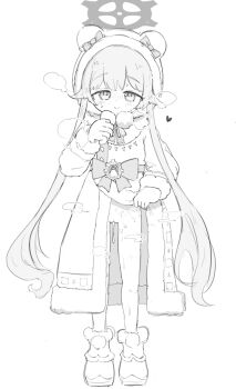 1girl animal_ears animal_hood blue_archive blush boots bow clothes_lift coat cum cum_in_pussy cumdrip fake_animal_ears full_body fur_trim greyscale halo heart hood hood_up hooded_coat lifting_own_clothes loli long_hair long_sleeves looking_at_viewer momiji_(blue_archive) monochrome narrow_hips no_panties open_clothes open_coat open_mouth pussy simple_background slim_legs smile solo standing steam steaming_body sweat twintails ugggge3 very_long_hair white_background winter_clothes