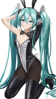 1girl :o absurdres animal_ear_hairband animal_ears aqua_eyes aqua_hair arms_up asymmetrical_clothes asymmetrical_leotard black_boots black_bow black_bowtie black_leotard blush boots bow bowtie breasts brown_pantyhose commentary_request covered_navel detached_collar fake_animal_ears fake_tail gloves hair_between_eyes hair_ornament hairband hatsune_miku highleg highleg_leotard highres hrk_(dxez4457) kneeling leotard long_hair looking_at_viewer multicolored_leotard name_tag number_tattoo pantyhose playboy_bunny rabbit_ear_hairband rabbit_ears rabbit_pose rabbit_tail sidelocks simple_background single_sleeve small_breasts solo tail tattoo thigh_boots twintails two-tone_leotard very_long_hair vocaloid white_background white_gloves white_leotard wrist_tattoo