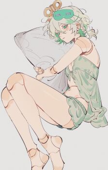 1girl absurdres akmizuk alternate_costume babydoll bare_arms bare_legs bare_shoulders barefoot bloomers braid cecilia_immergreen closed_mouth colored_inner_hair commentary doll_joints double-parted_bangs english_commentary feet_out_of_frame flat_chest front_slit green_babydoll green_bloomers green_eyes green_hair green_mask green_ribbon green_shorts grey_background hair_between_eyes highres hololive hololive_english hugging_object joints legs light_blush looking_at_viewer lying mask mask_on_head multicolored_hair navel on_side pillow pillow_hug ponytail profile ribbon short_hair short_ponytail short_shorts shorts side_braid sleep_mask solo stomach streaked_hair thighs two-tone_hair underwear virtual_youtuber winding_key
